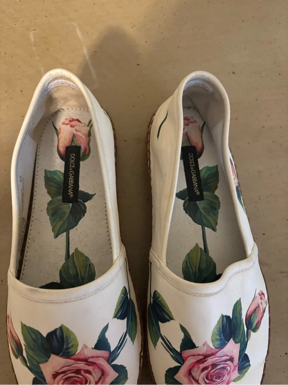 Dolce & Gabbana White Espadrilles with Pink Rose Print